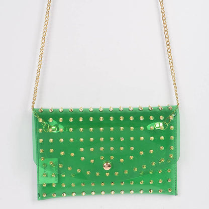 Ull Studded Cross Body Chain Strap Visible Clutch - Clear Silver