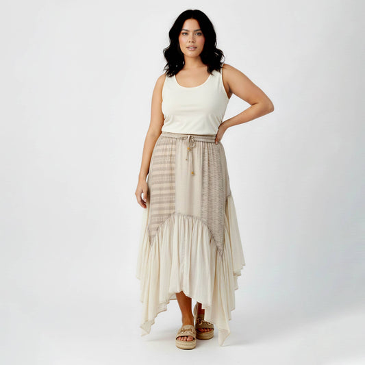 Boho Mixed Panel Drawstring Handkerchief Skirt - Latte