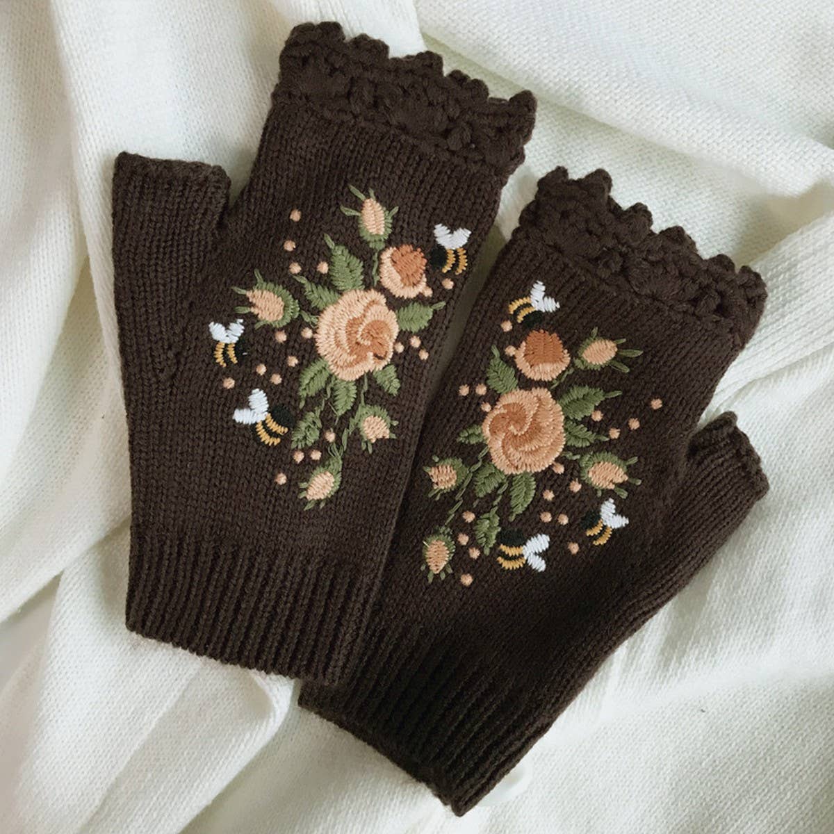 Floral Bees Embroidered Gloves - Dark Brown
