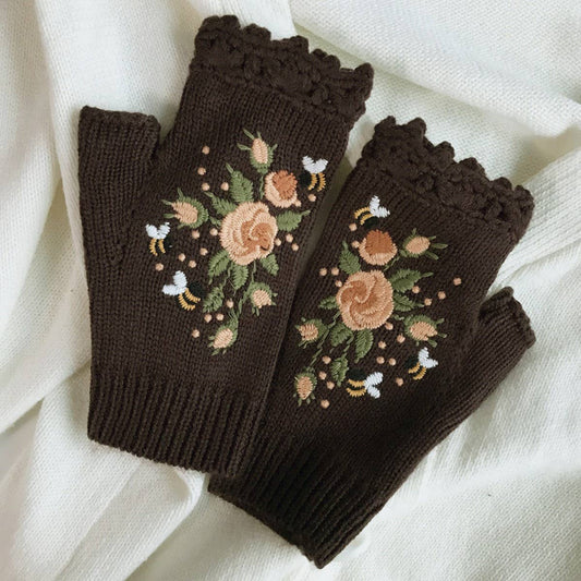 Floral Bees Embroidered Gloves - Brown