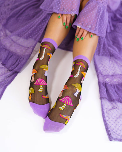 Magic Mushrooms Black Sheer Crew Sock - One Size