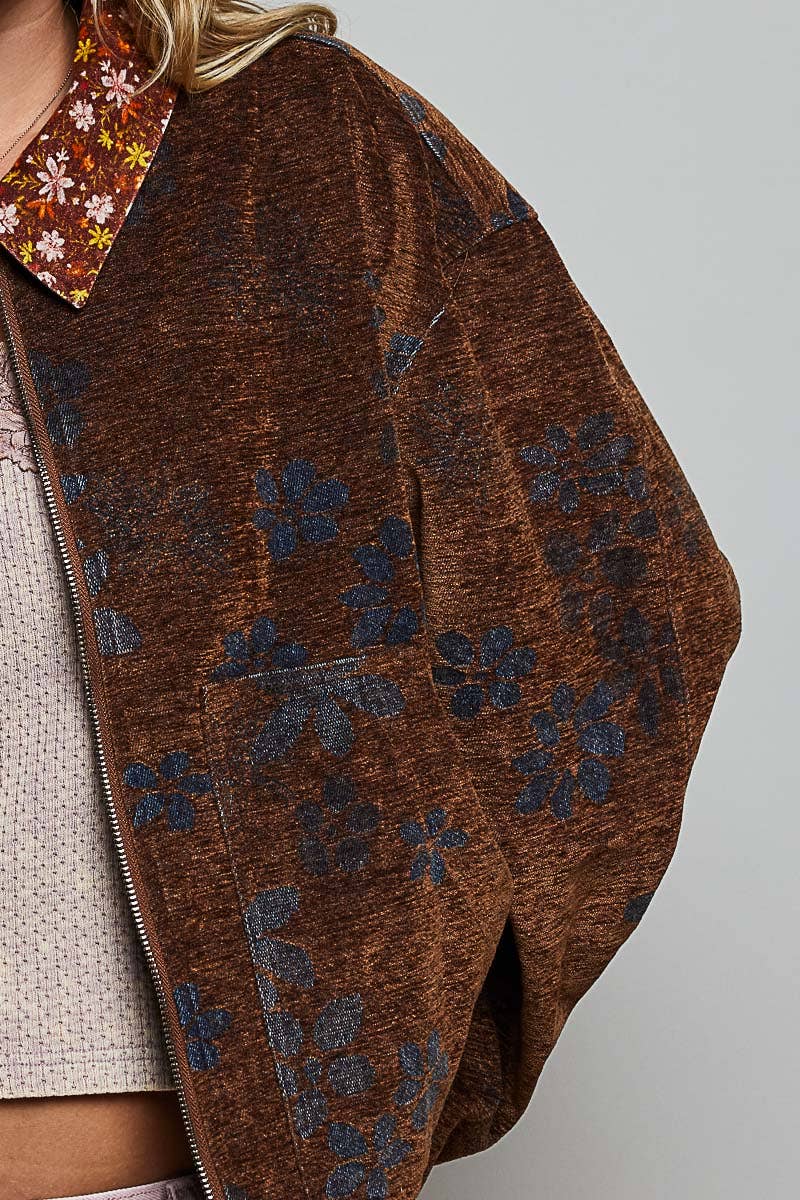 Floral Print Collared Long Sleeve Back Yoke Zip-Up Jacket - RUSTIC MOCHA