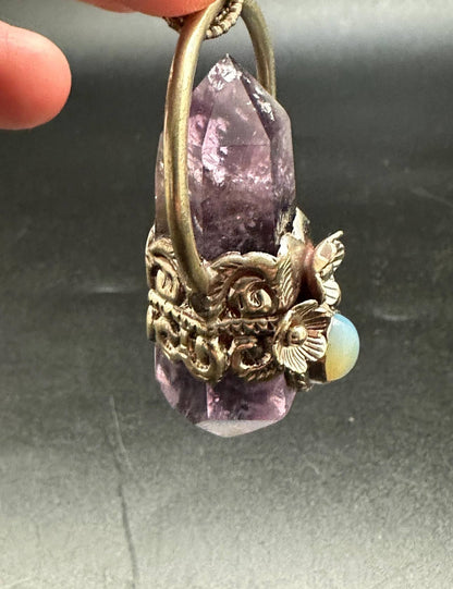 Amethyst double point pendant opal, handcrafted, white metal