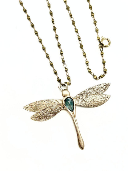 Bronze Dragonfly Necklace with Garnet
