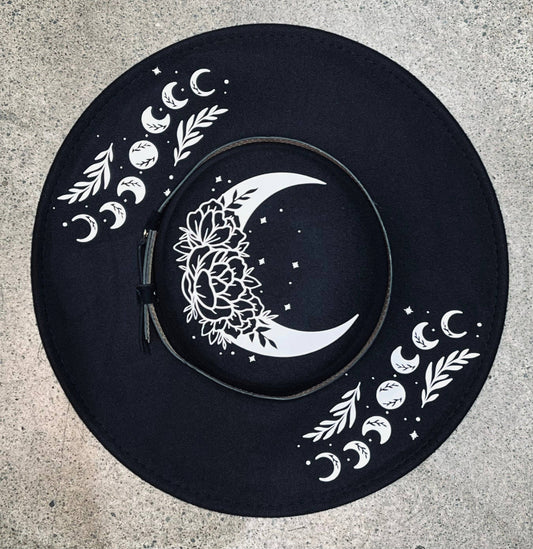 Vegan Felt Wide Brim Hat - Flat Top XL Brim - "Floral moon"