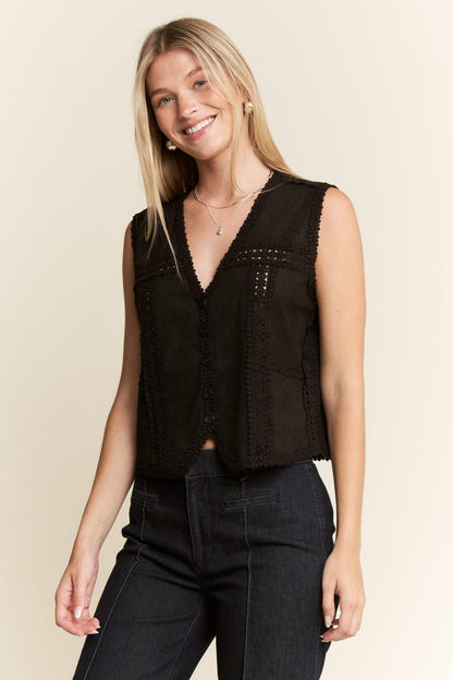 PLUS Suede Vest With Lace Trim - Black