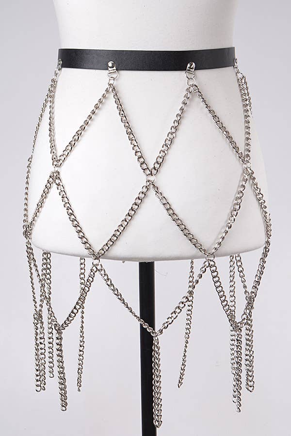Leather Belt With Chain Skirt - Black Silver