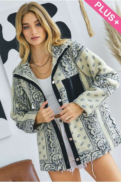 Plus Printed Front Pockets Button Down Jacket - Cream