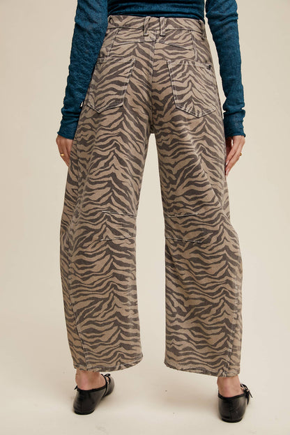 Zebra Print Barrel Jeans - Mocha