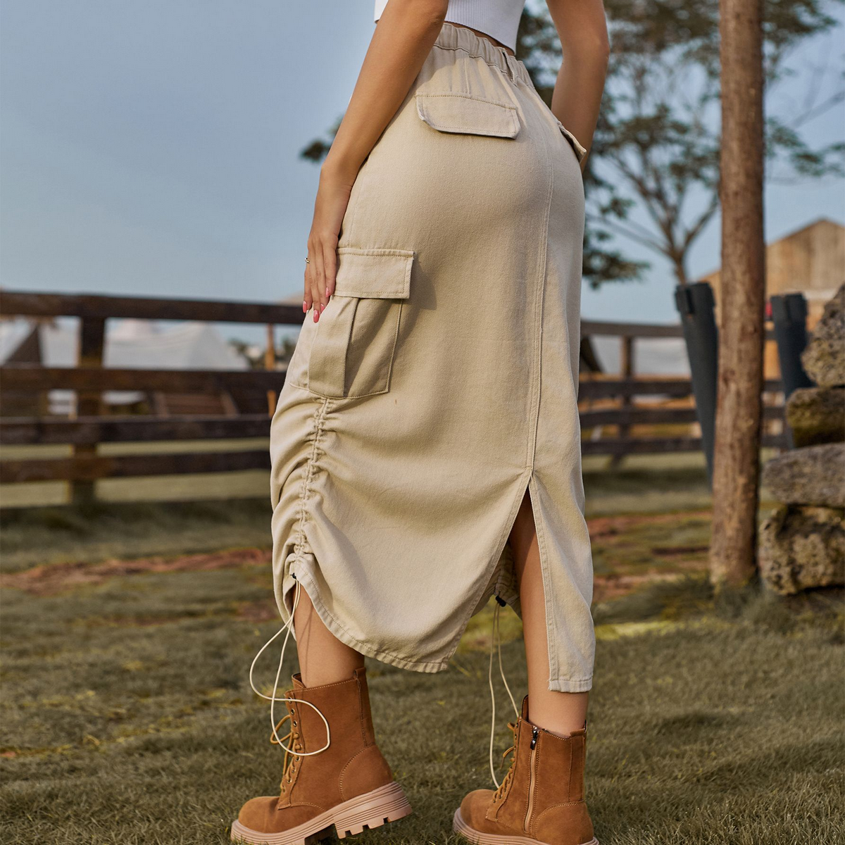 Women’s Cargo Midi Skirt Drawstring Elastic Waist