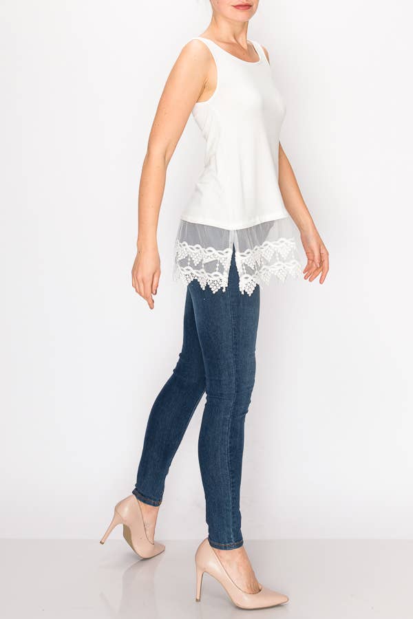 Soft Relaxed Tank With Delicate Floral Laced Hem - Ivory