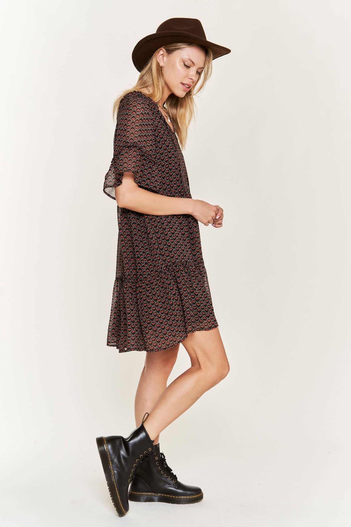 PLUS Floral Print V-Neck Mini Dress - Black