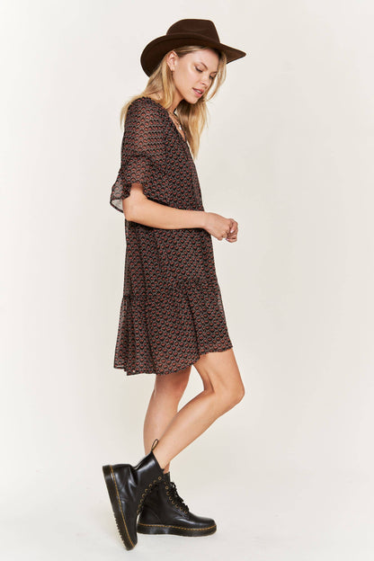 PLUS Floral Print V-Neck Mini Dress - Black