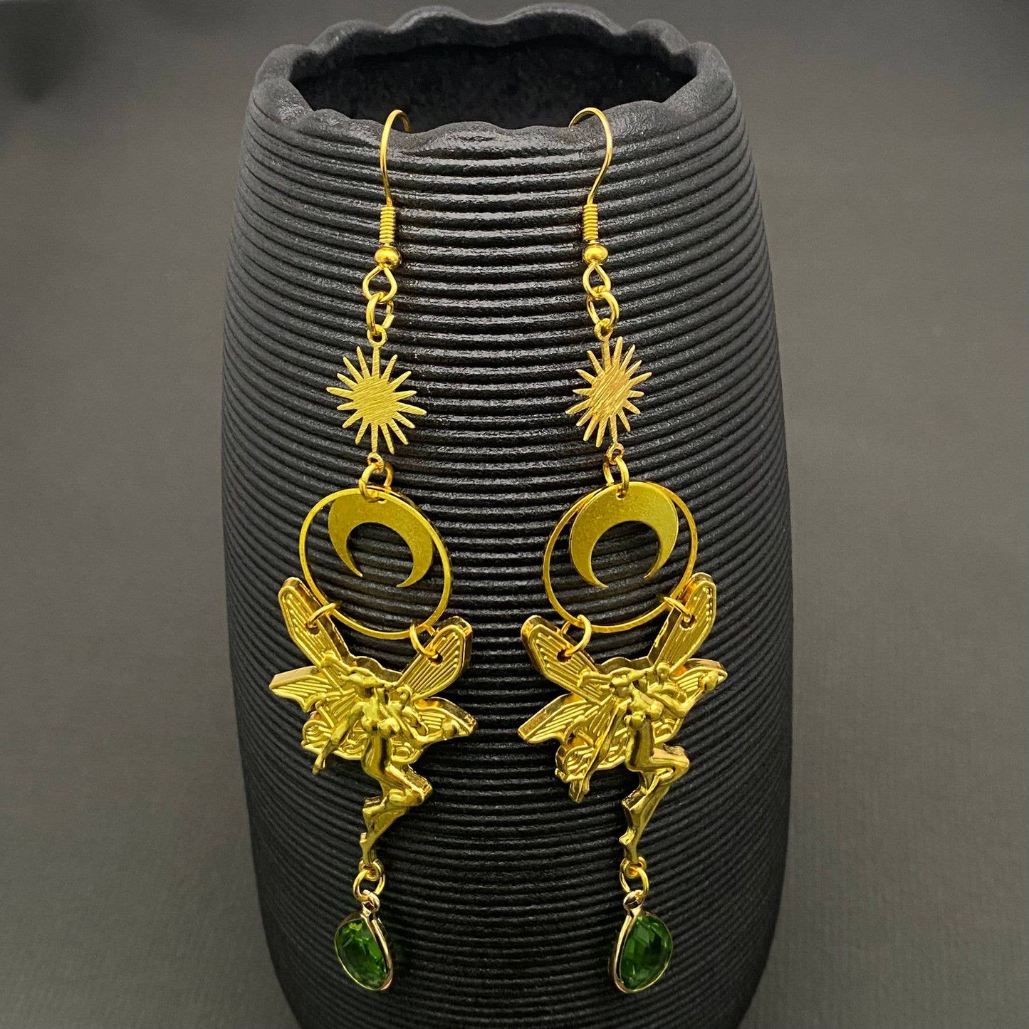 Green Crystal Elf & Moon Charm Gold Plated Earrings
