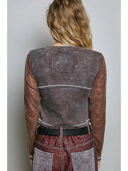 Semi-Sheer Textured Lace Vintage-Wash Crop Rib Knit Top - COCOA