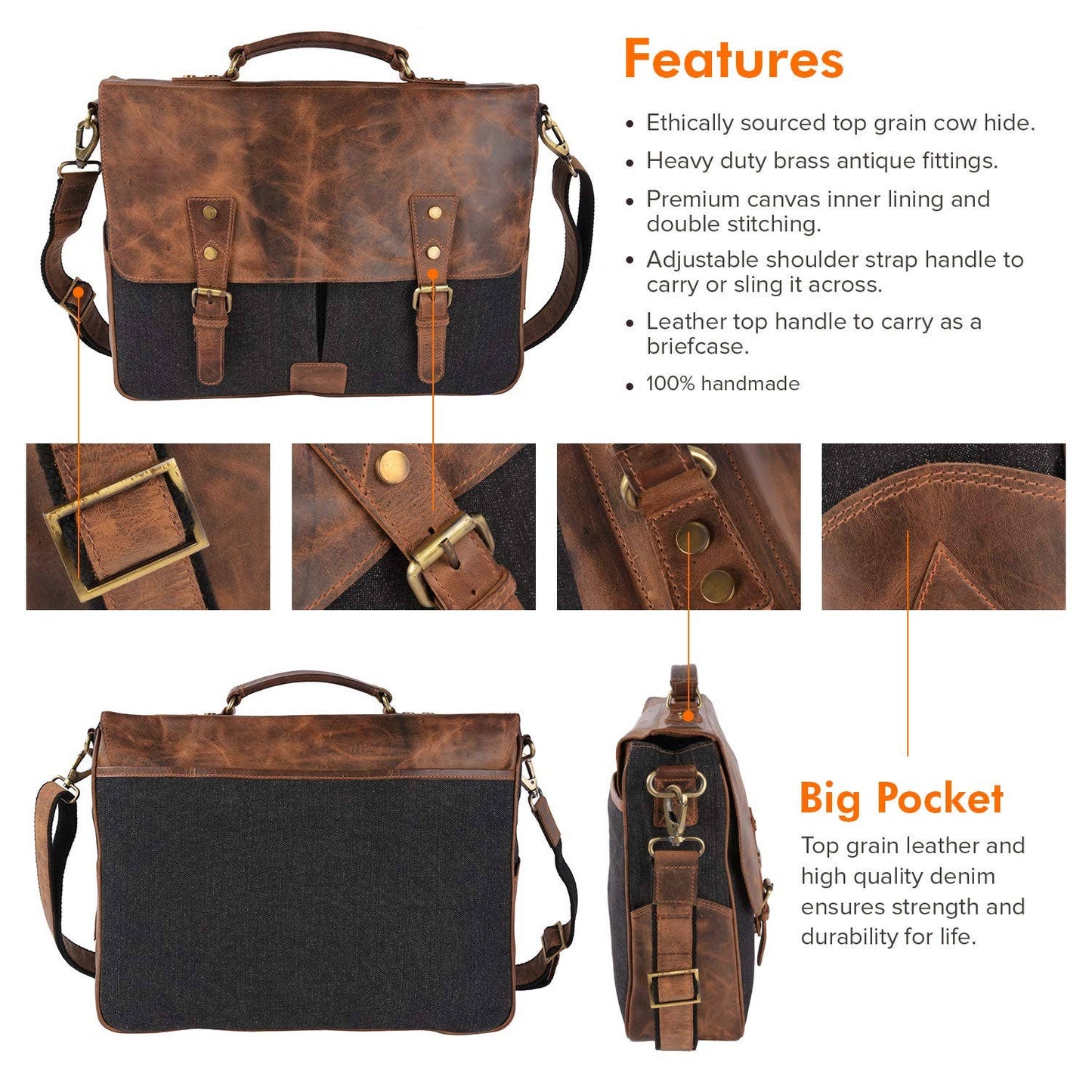 Tuzech Genuine Leather Vintage Messenger Satchel Handbag Laptop