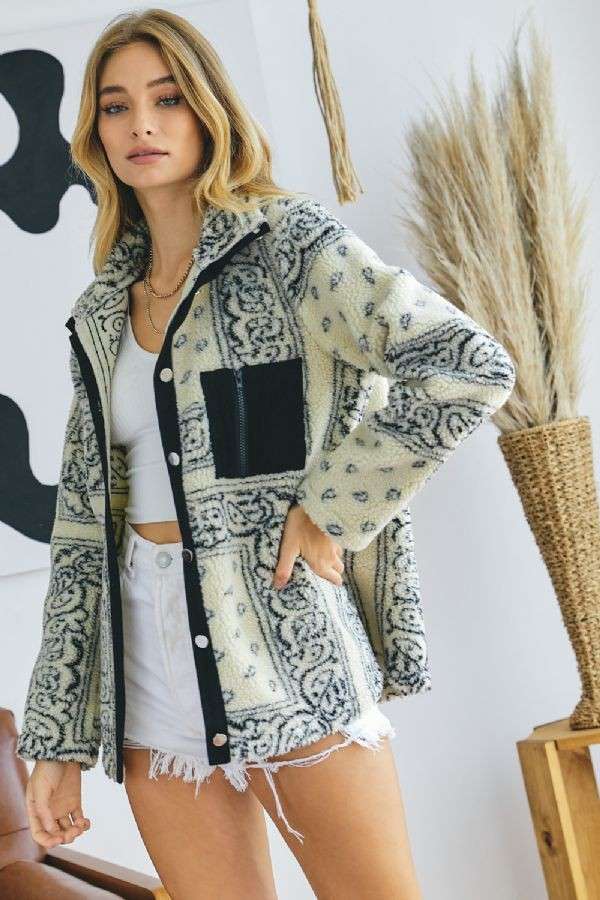 Plus Printed Front Pockets Button Down Jacket - Cream
