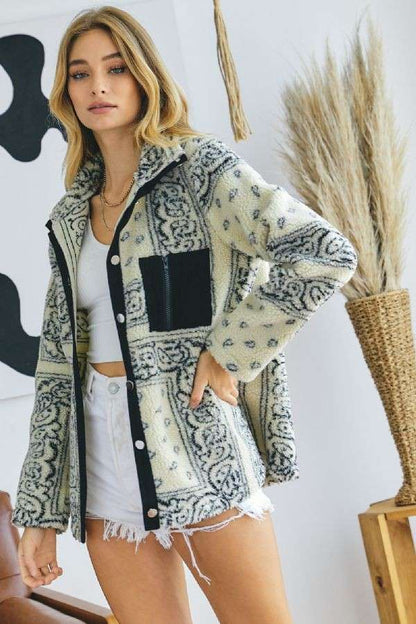 Plus Printed Front Pockets Button Down Jacket - Cream