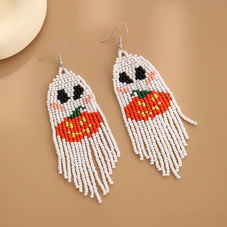 Halloween Pumpkin Ghost Beaded Tassel Earrings