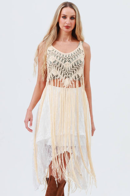Tassel Fringe Crochet Tops - Natural ( one size )