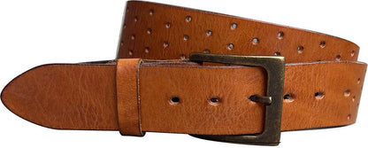 Perforata Curved Handmade Leather Belt *30 - Cognac with Gold Tip