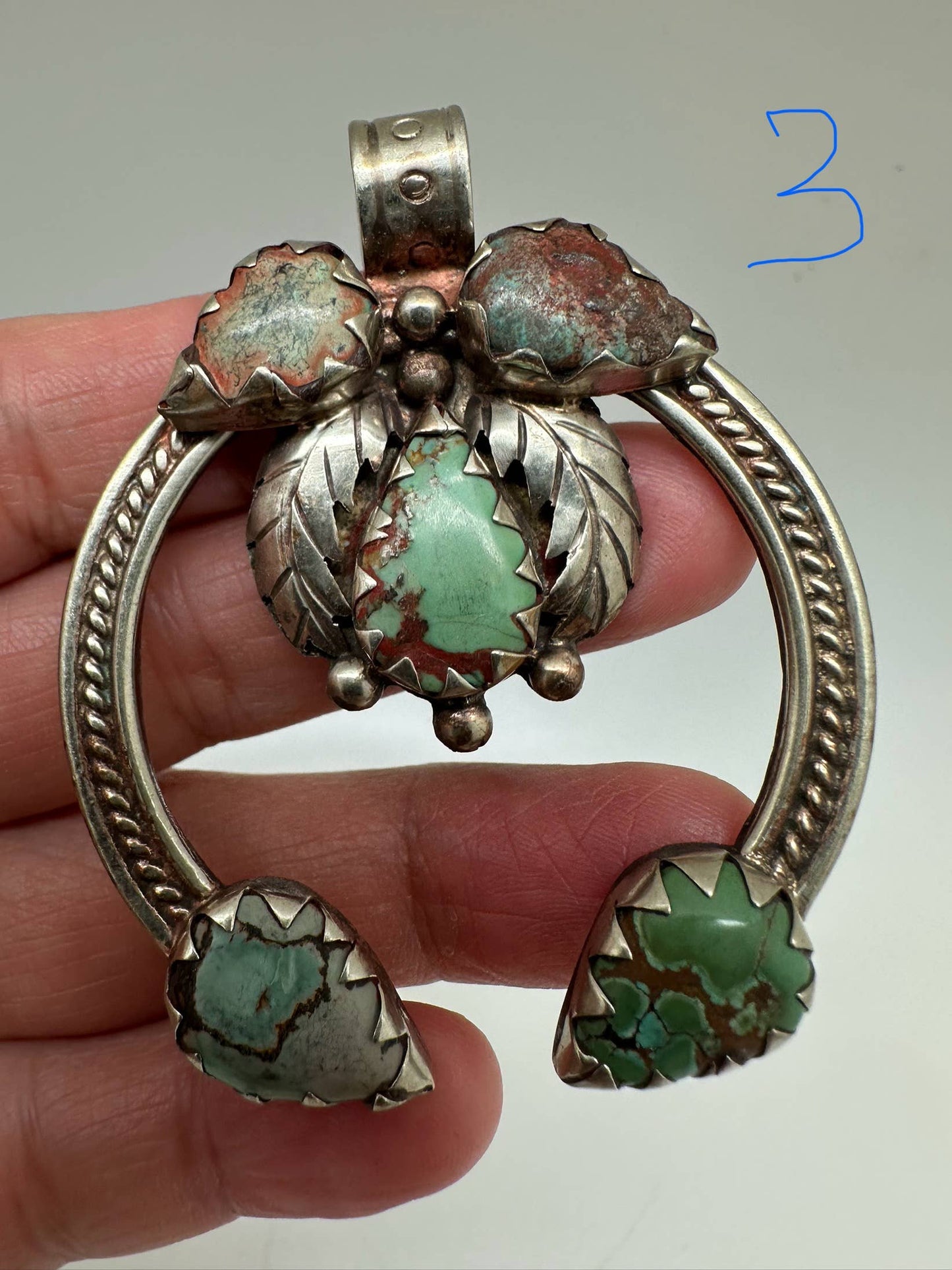 Blossom pendant, handcrafted, white metal - turquoise