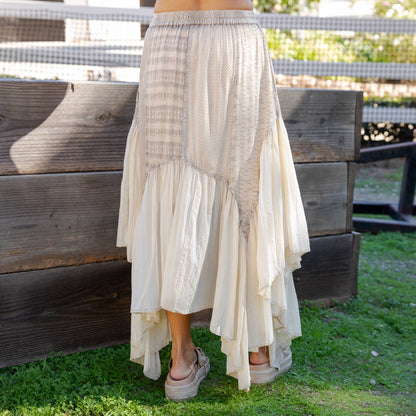 Boho Mixed Panel Drawstring Handkerchief Skirt - Latte