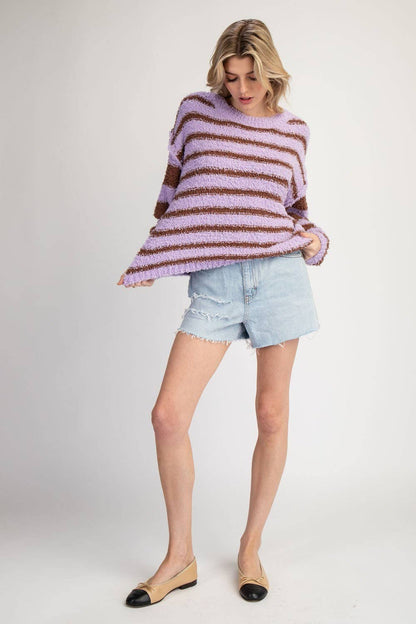 Striped Fleece Pullover Sweater - Lavender