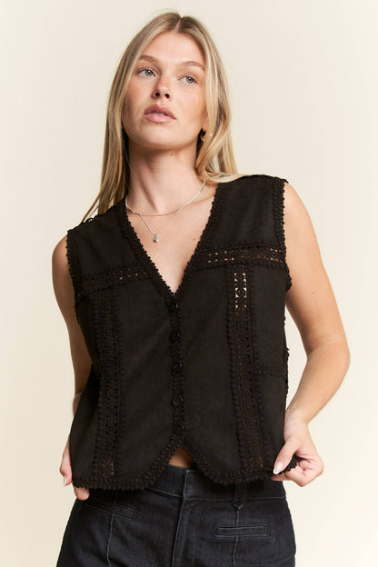 PLUS Suede Vest With Lace Trim - Black