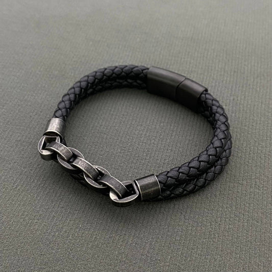 Retro S.Steel Chain Men's Double-layer Leather Bracelet