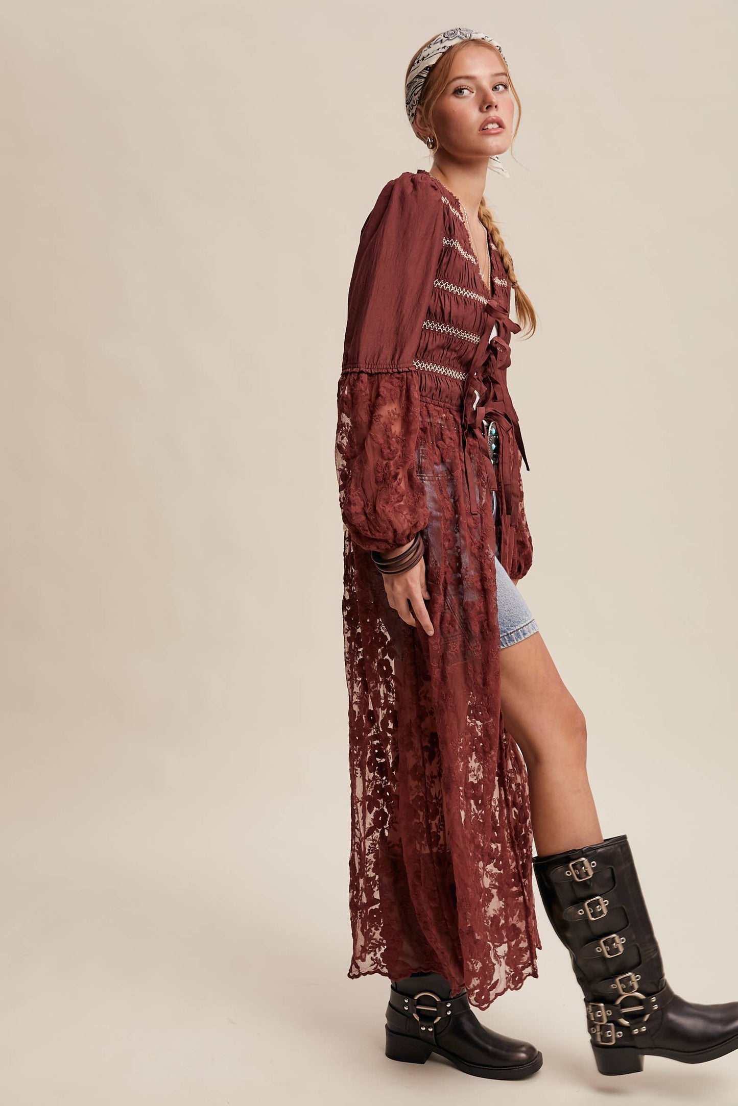 Lace-Up Embroidered Maxi Kimono - Wine