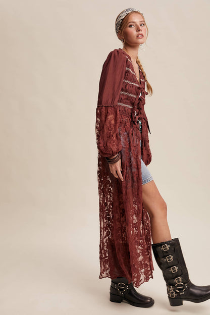 Lace-Up Embroidered Maxi Kimono - Wine