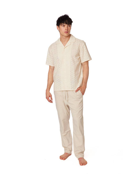 Textured Short Sleeve Men's Cotton Shirt  - Off White