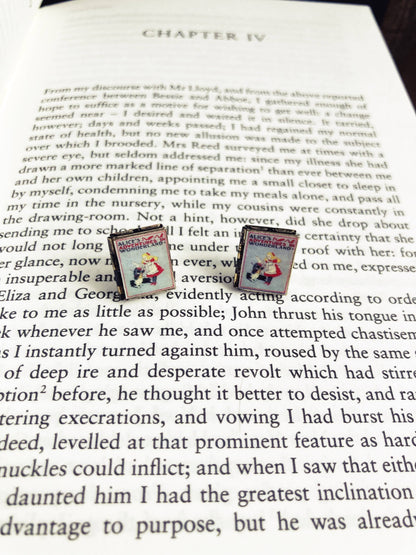 Post Earrings Book Locket Alice In Wonderland- Grey