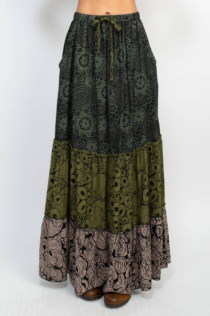 Tiered Lace Print Maxi Skirt - Sage