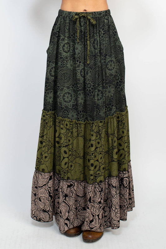 Tiered Lace Print Maxi Skirt - Sage