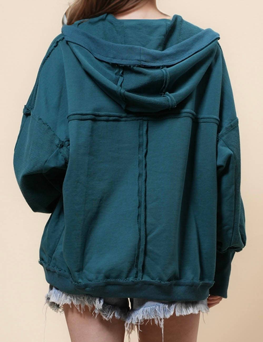 Ladies Solid Color Hood Slouchy Jacket - Dark Green