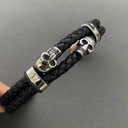 Double Skull Men's Charm Leather Bracelet