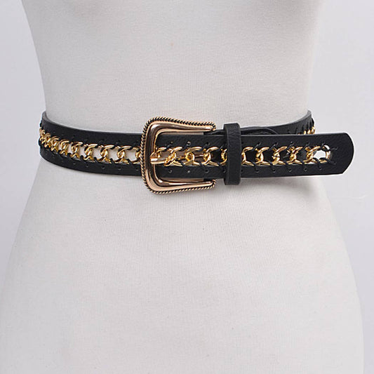 Chain Inside Frame Buckle Belt - Black/Gold