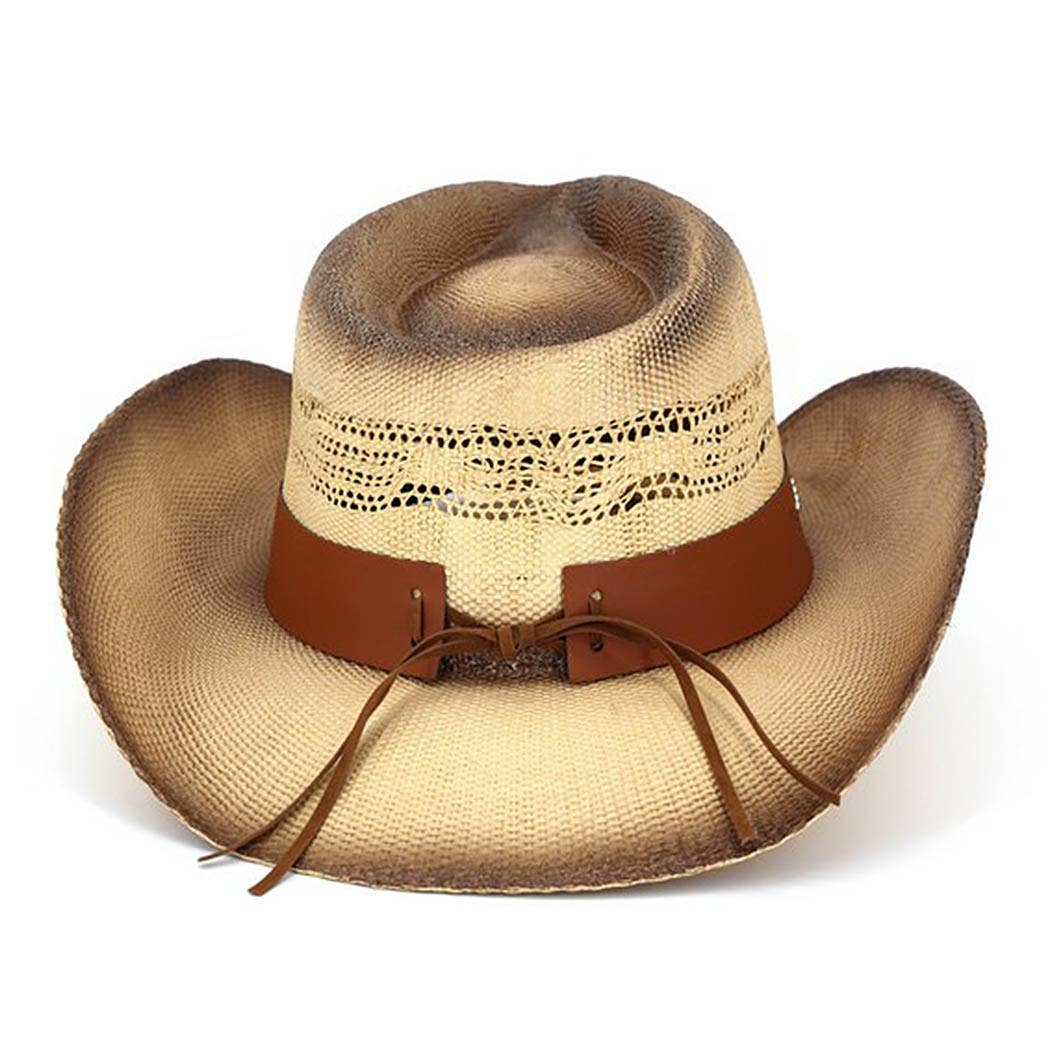 Vented Vintage Cowboy Straw Hat With Turquoise Concho