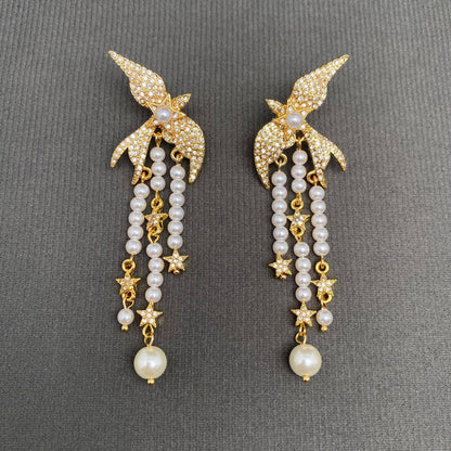 Vintage Pearl Fringe Rhinestone Inlaid Bird Earrings