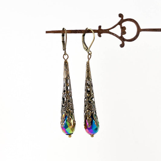 Victorian Dark Academia Dangle Earrings | Metallic Rainbow