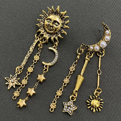 Star Fringe Asymmetric Sun Moon Post Earrings