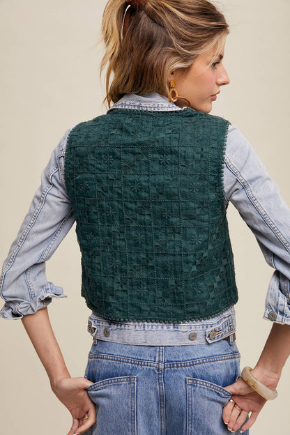 Embroidered Lace Tie-Front Vest - Deep Green