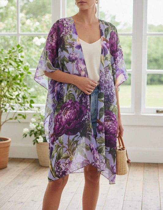 Purple Peony & Iris Kimono/Cover-Up