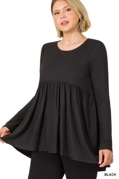 Curve Long Sleeve With Waist Shirring- Black