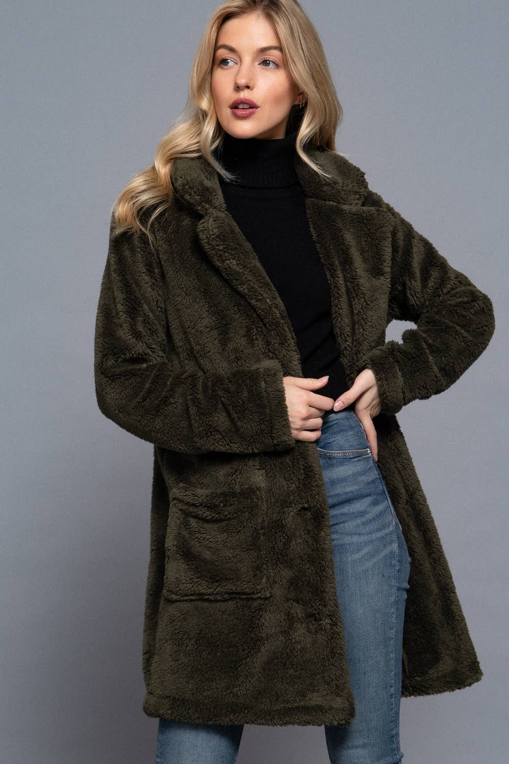 Notched Collar Patch Pocket Sherpa Coat - Olive