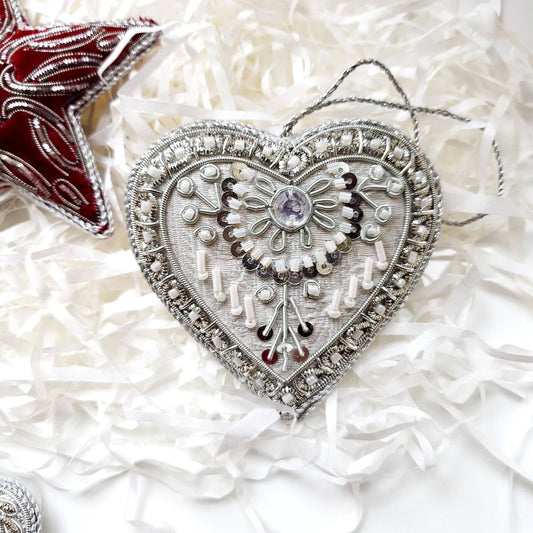 Embroidered Silver Heart Christmas Ornament