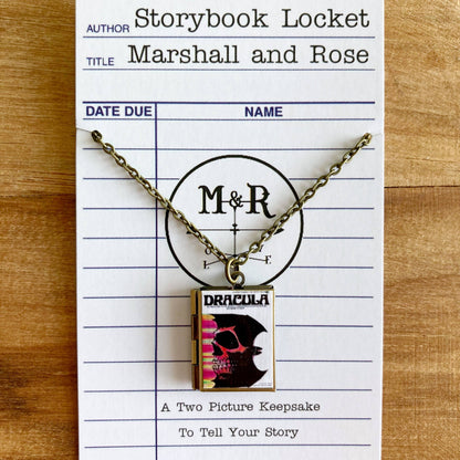 Book Locket Dracula - White with Bat Skull - Bronze
