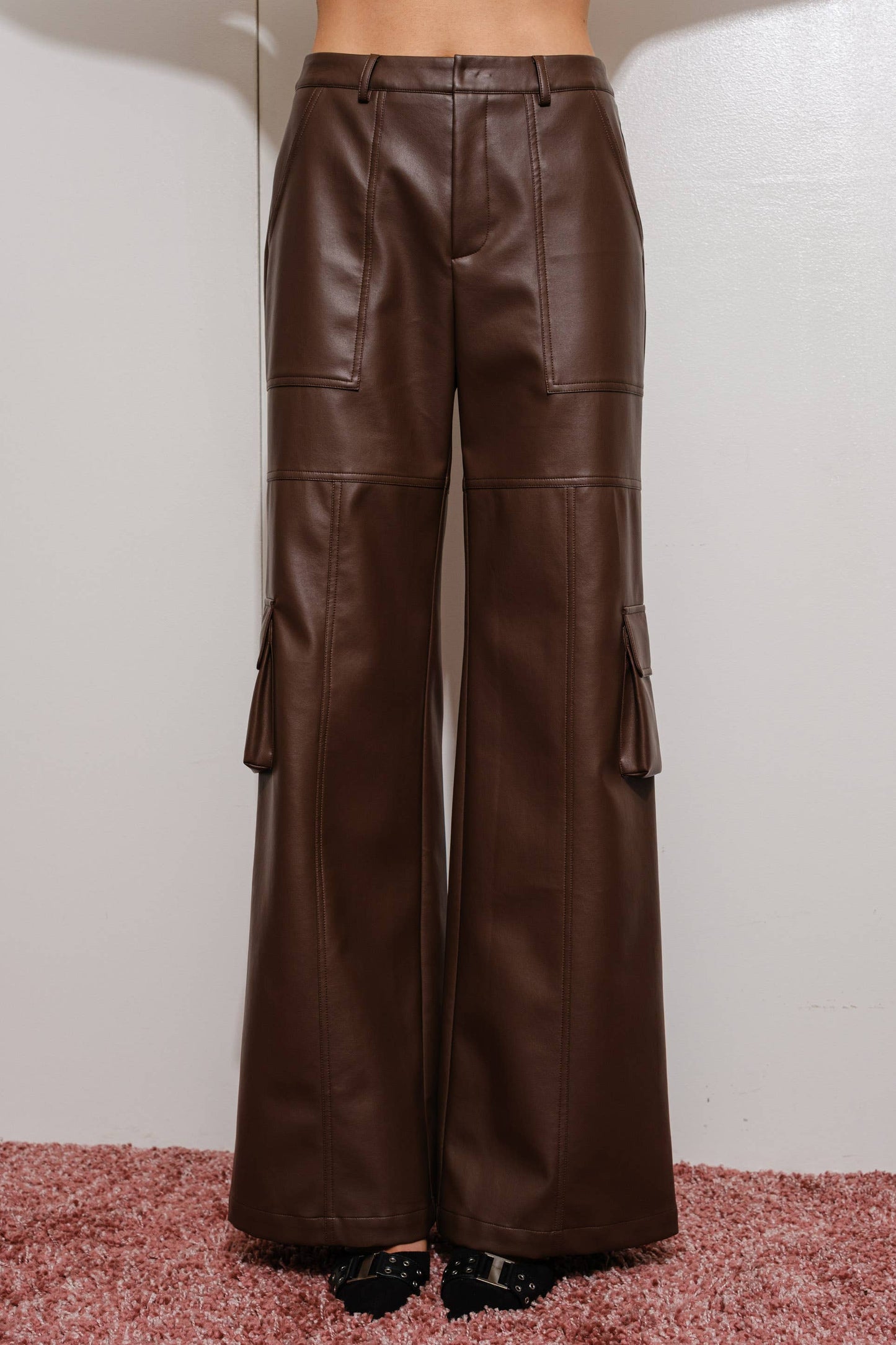 Vegan Leather Cargo Pants - Brown